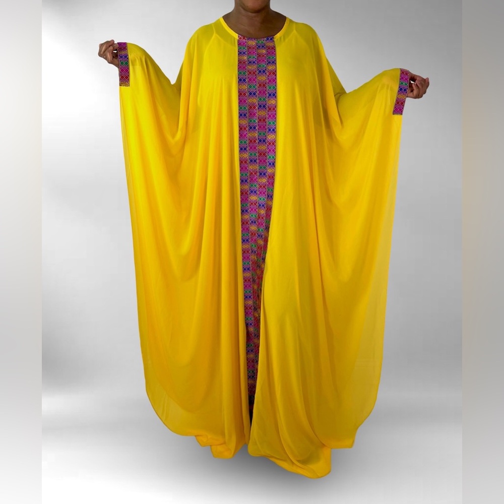 Oversized Vibrant Yellow  Maxi Kaftan Dress With Multicolor Tribal Print Detail - Picture 3 of 7